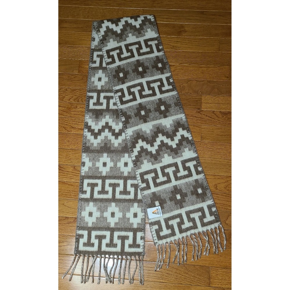 Ayani Art Peru Soft Alpaca Wool Inca Pattern Scarf Brown Beige Cream Fringe 64x9